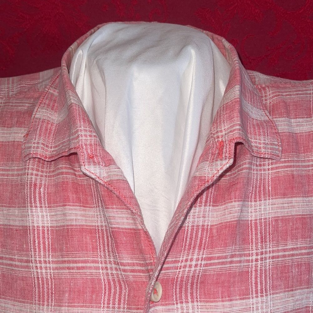 Tommy Bahama Mens Linen Button Down Shirt Sleeve Shirt Pink Plaid XXL Vintage